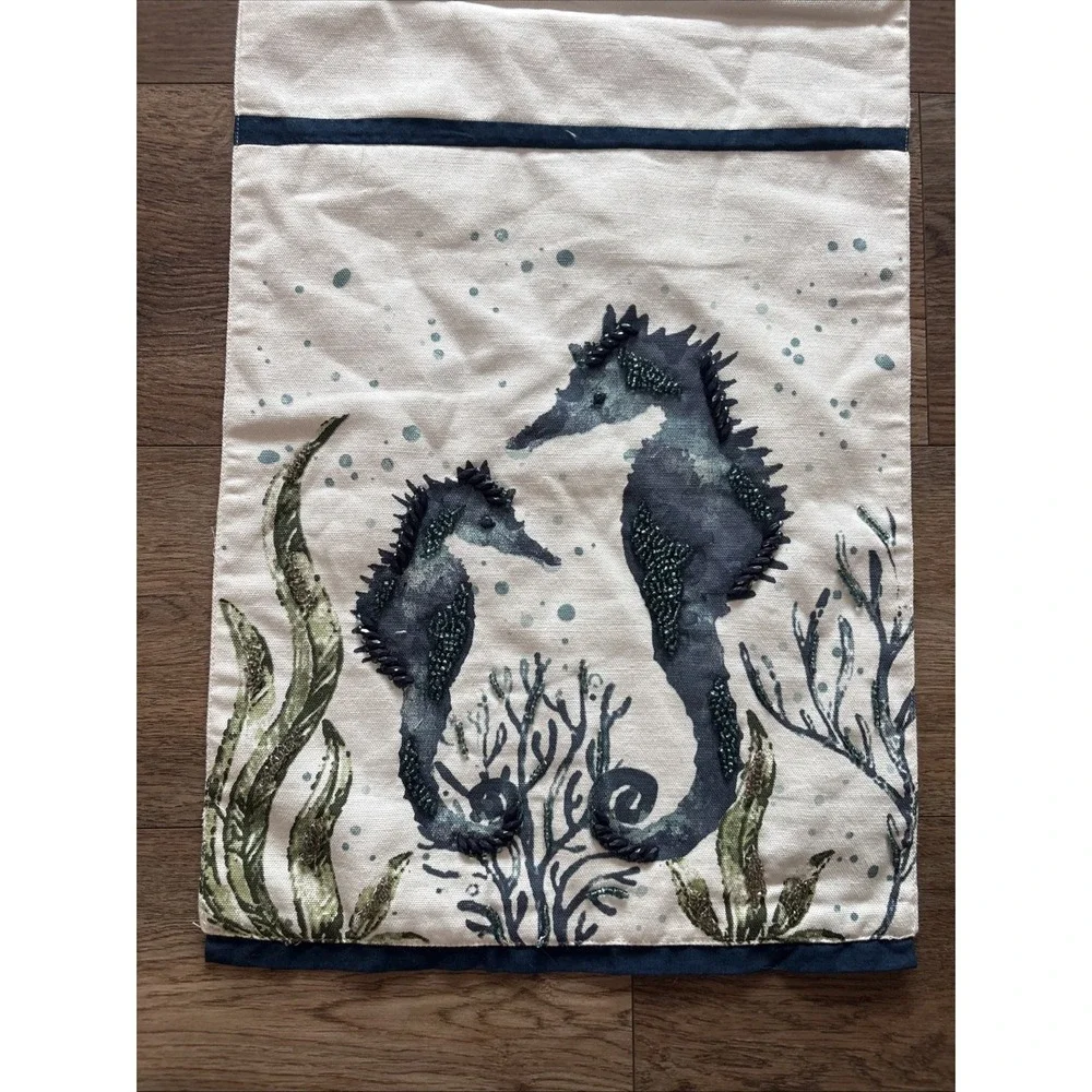 Vintage Pier 1 Imports 13x72 Beaded Table Runner Ocean Seahorse Blue And Cream
